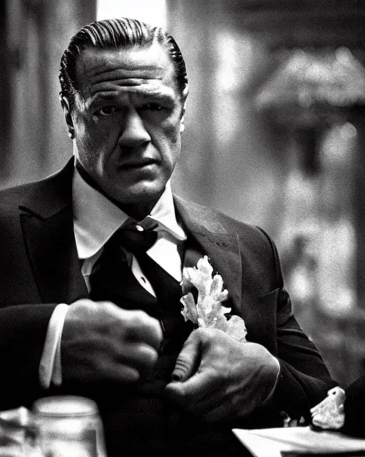 Image similar to film still close up shot of john cena as vito corleone from the movie the godfather. photographic, photography