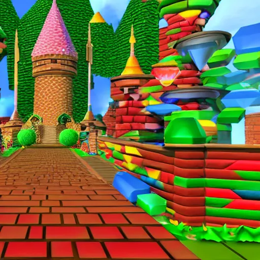 Image similar to lost Mario 64 level, mystical castle made of crystals with spiral staircase leading to the towering spire, island in the night sky full of stars and rainbows, shimmering water full of cherry blossom leaves, low poly, game screenshot