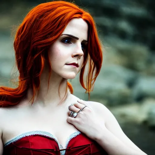 Image similar to Triss Merigold cosplay by Emma Watson, seductive gaze, 8k, professional photography, cinematic studio shot, dark, smoke