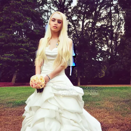 Image similar to a symmetric and beautiful face, professional full length high definition photo of a young blonde woman with twin tails and wedding dress posing in a park