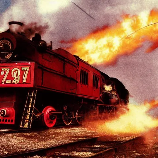 Image similar to old historic photograph of an red ferrari jumping over a steam train in the wild west, 1 7 8 5, dusty, gold rush, western, action photography, epic lighting, style of michael bay