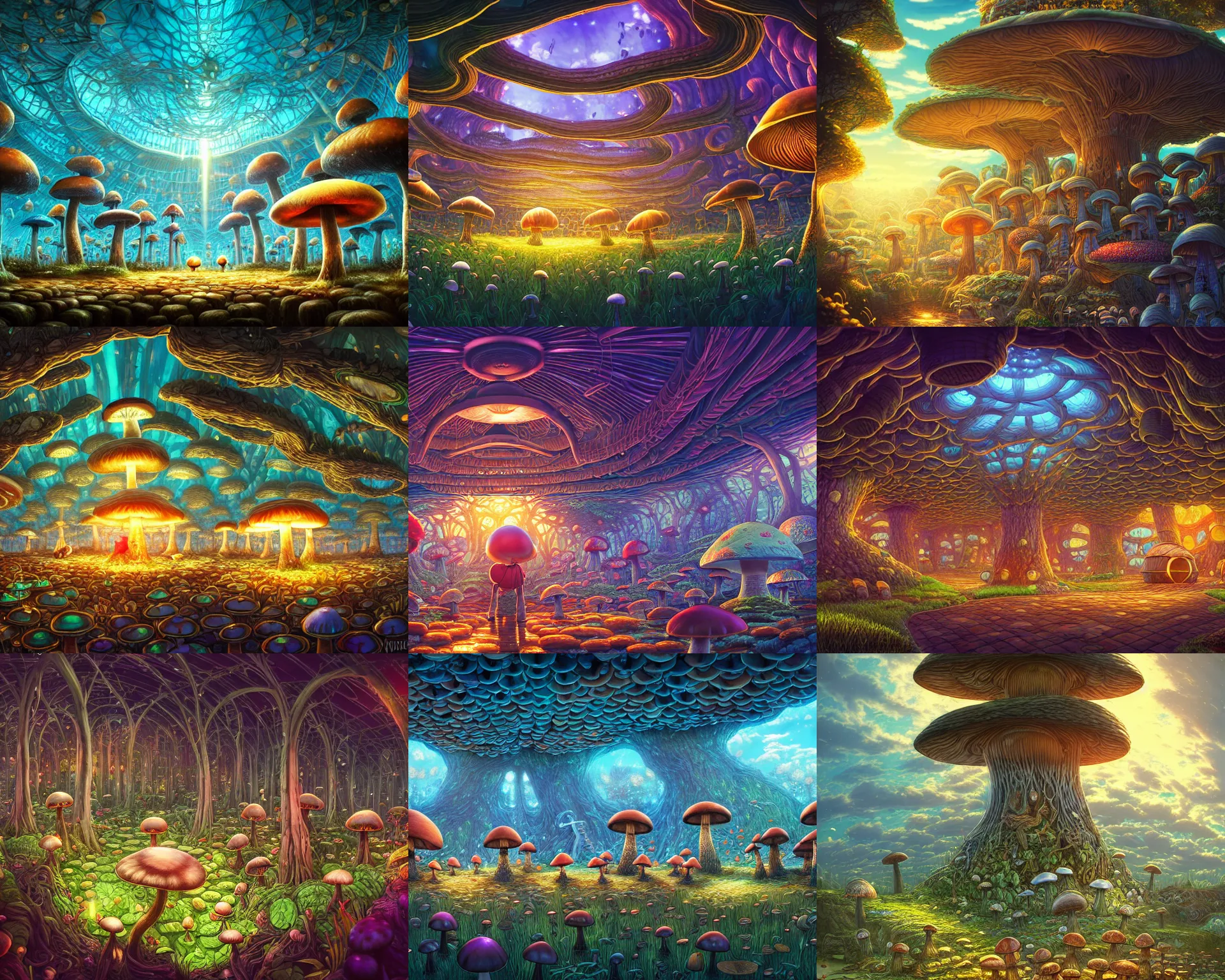 Prompt: the mushroom storehouse is a living, breathing, wonderland of possibilities. the mushroom house holds a mirror to our own psyches. by dan mumford, yusuke murata, makoto shinkai, ross tran, cosmic, heavenly, god rays, intricate detail, cinematic, cel shaded, unreal engine, featured on artstation, pixiv