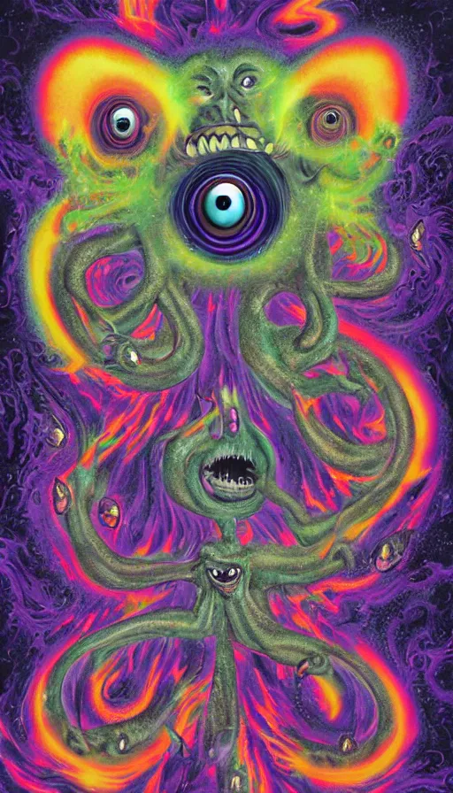 Prompt: a storm vortex made of many demonic eyes and teeth, by lisa frank,