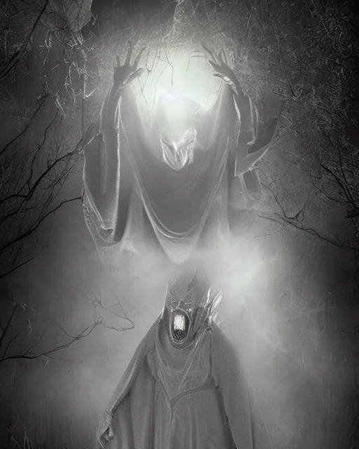 Prompt: an evil frightening creepy smooth detailed 8 k hi res 8 0 mm photo editorial magazine photo shoot of the ghost called shadow eater a demon vampire wearing heavy robes and showing his multiple layers of fangs god rays misty atmospheric dawn volumetric lighting cinema 4 d hassleblad future alien floating in galaxy