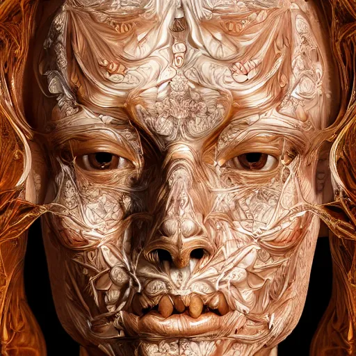 Image similar to beatifull face portrait of a woman, 150 mm, anatomical, flesh, flowers, mandelbrot fractal, facial muscles, veins, arteries, intricate, golden ratio, full frame, microscopic, elegant, highly detailed, ornate, ornament, sculpture, elegant , luxury, beautifully lit, ray trace, unreal, 3d, PBR, in the style of peter Gric , alex grey and Romero Ressendi