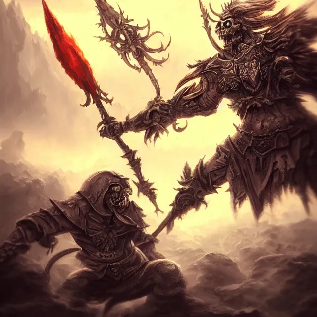 Image similar to skull warrior fights air elemental, fantasy, high detail, artstation
