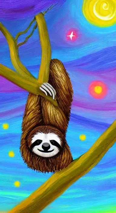 Image similar to a cute sloth hanging on a tree on a starry night, made of bright colored thick flowing dramatic brush strokes, matte colors, trending on artstation