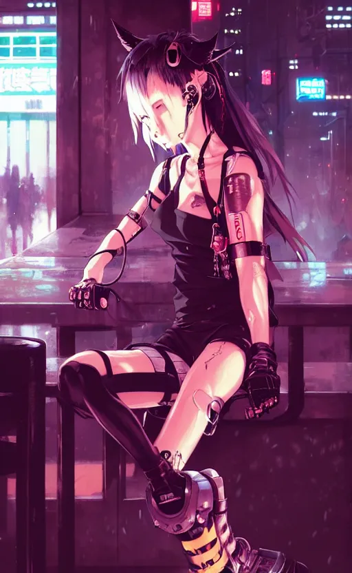 Image similar to cyberpunk anime girl sit in a night bar, cyberpunk oni mask, 3 / 4 shot, street night, beautiful face, grafity, arcane, action, detail, good face, pose model, concept art, in style of yoji shinkawa, pan ren wei, col price, atey ghailan, by greg rutkowski, aesthetic, digital painting