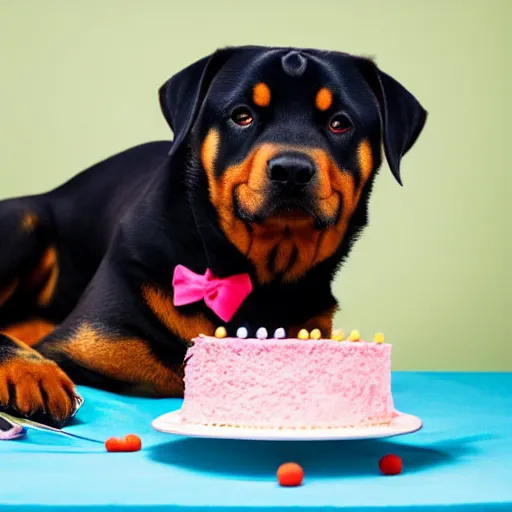 Prompt: a high - quality photo of a rottweiler with a birthday cake, 4 5 mm, f 3. 5, sharpened, iso 2 0 0, raw, food photography