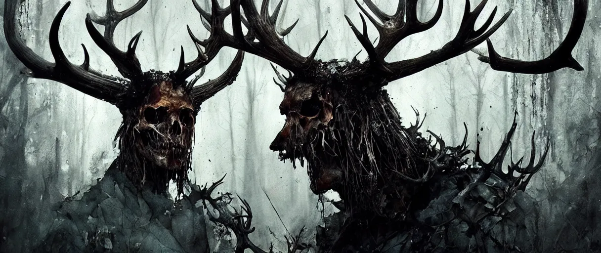 Image similar to portrait of leshen with deer skull and antlers from witcher 3 by emil melmoth zdzislaw beksinki craig mullins yoji shinkawa realistic render ominous detailed photo atmospheric by jeremy mann francis bacon and agnes cecile ink drips paint smears digital glitches glitchart