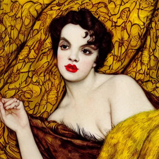 Image similar to hybrid of judy garland and lady gaga, brown fringe, large big downslanted eyes, large full lips, reclining on flowing bed cool stylish, yellow ochre ornate medieval dress, john william waterhouse, kilian eng, rosetti, john everett millais, william holman hunt, william morris, 4 k