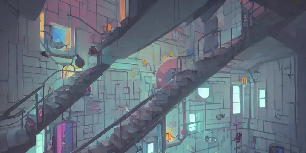 Image similar to look down a cellar staircase, neon lights by Goro Fujita and Simon Stalenhag and Kandinsky and Magritte, 8k, trending on artstation, hyper detailed, cinematic