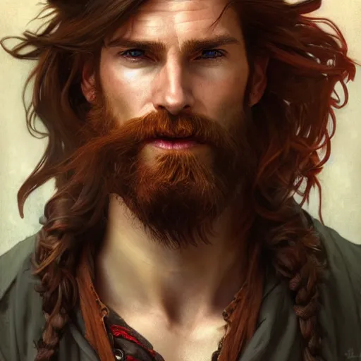 Image similar to portrait of a young ruggedly handsome but joyful pirate, male, masculine, upper body, red hair, long hair, d & d, fantasy, piercing eyes, intricate, elegant, highly detailed, digital painting, artstation, concept art, matte, sharp focus, illustration, art by artgerm and greg rutkowski and alphonse mucha