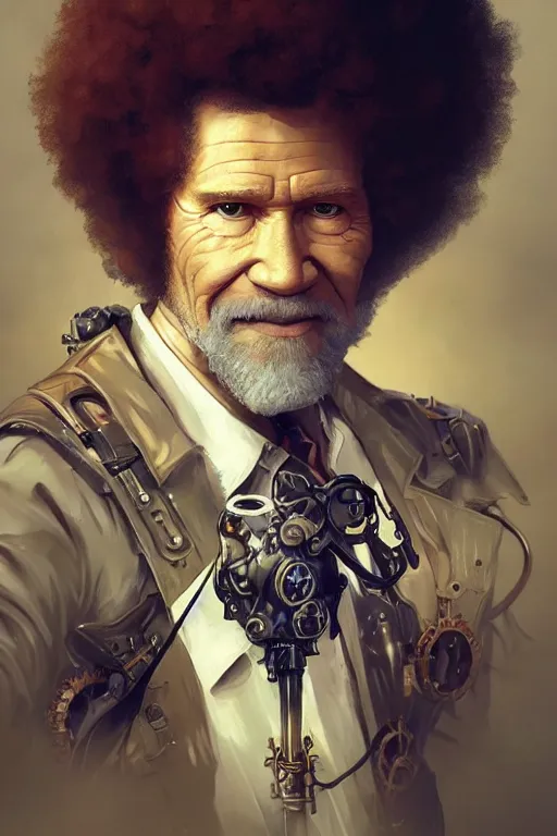 Image similar to bob ross as a steampunk cyborg gunslinger, portrait, western, duster, fantasy, intricate, elegant, highly detailed, digital painting, artstation, concept art, sharp focus, illustration, art by artgerm and greg rutkowski and alphonse mucha