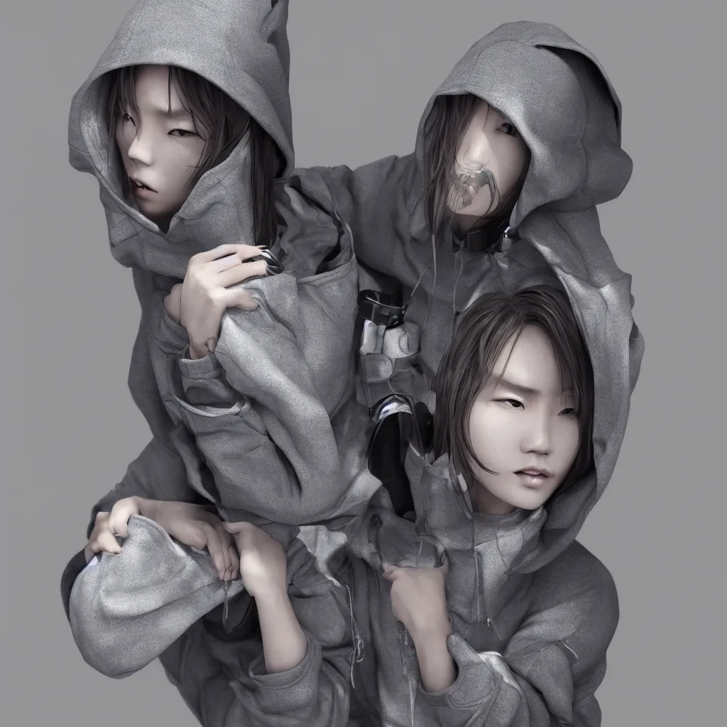 Image similar to Korean fashion model sitting down wearing hoodie with built-in backpack designed by Hamcus, closeup, extremely detailed, epic, 3D render, digital art, artstation, 8K artistic photography, photo-realistic