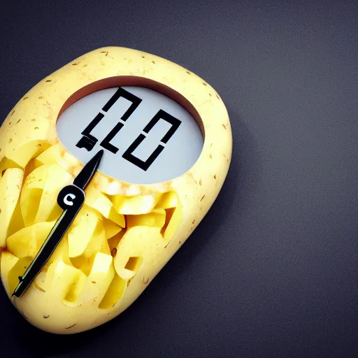 Prompt: a potato connected to a voltmeter by curly wires. white background photo realistic, 4 k, well lit, vray render