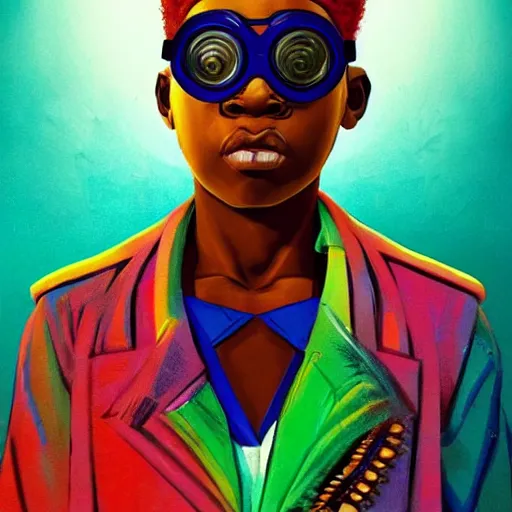 Image similar to colourful vfx upper half - portrait - art of a nigerian boy wearing steam punk goggles, art by utagawa kunisada & james jean, concept art, digital illustration, digital render, volumetric light, ray tracing, symmetrical, unreal engine, octane render, sharp, detailed, highly detailed, intricate detail, pinterest, behance, art station,