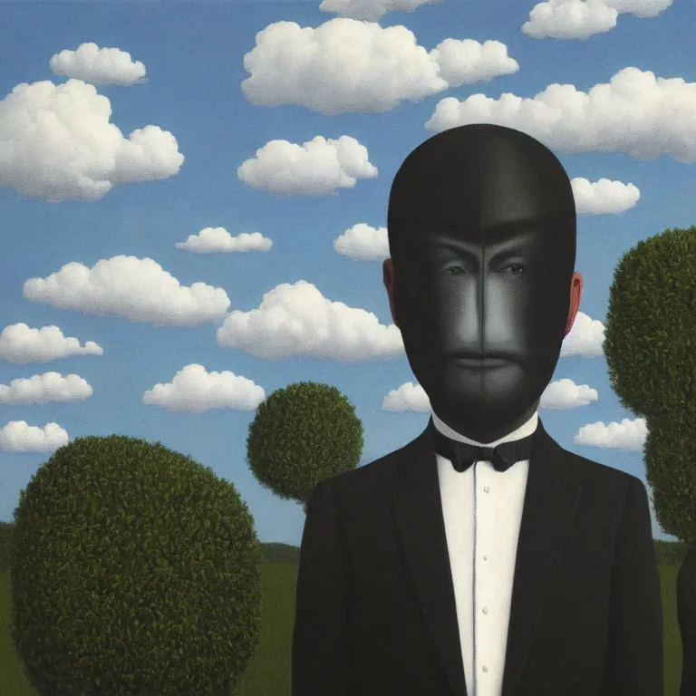 Image similar to portrait of a faceless reflective chrome - head man in a suit and black gloves, clouds and nature landscape in the background, by rene magritte, detailed painting, distance, centered, hd, hq, high resolution, high detail, 4 k, 8 k