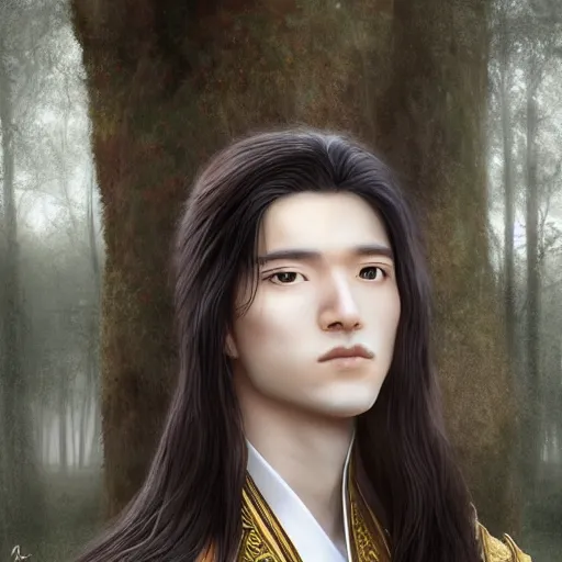 Prompt: a portrait of a young beautiful prince, golden eyes, long black hair, white hanfu, elegant, intricate, backlit, incredible lighting, strong rim light, subsurface scattering, photorealistic, epic beautiful landscape, cherry trees, highly detailed, god rays, digital painting, by Heise Jinyao, Heise-Lian Yan Fang, Feimo, Rossdraws, HDRI, vivid colors, high contrast, 8k