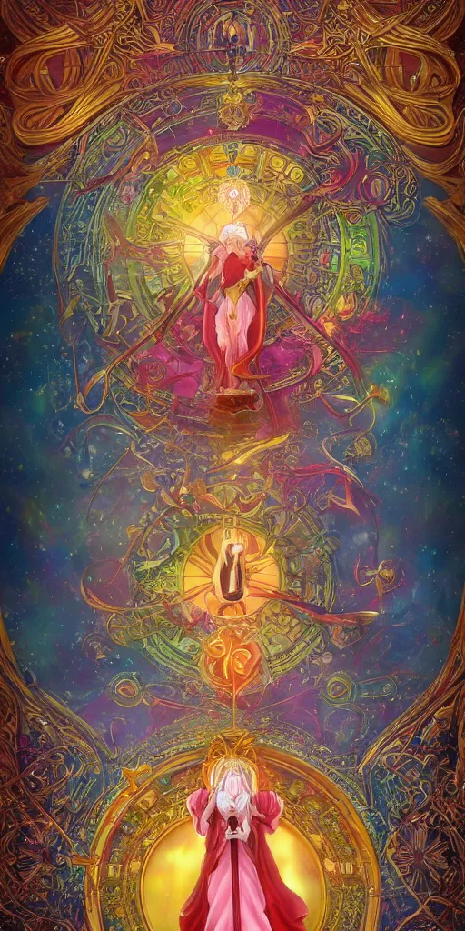 Prompt: clow card style astrologer's prayer, mythology, hidetaka miyazaki, unreal engine 5, art nouveau, vivid colors, intense colors, deep shadows, intricate, symmetry, high detail, elegance, sunlit, clear focus, art of mel milton, art workstation