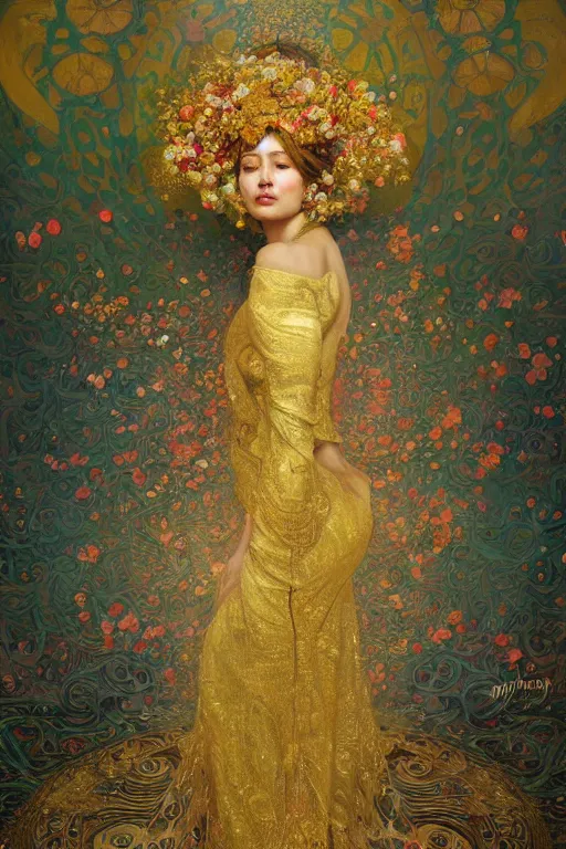 Prompt: an intricate painting of a beautiful young lady surrounded by flowing flower petals covered in silk clothes with klimt golden motives and textures, hyper detailed, ornamental gold headpiece, octane render, vivid colors, artstation, by jeremy mann, by alphonse mucha, by boris vallejo