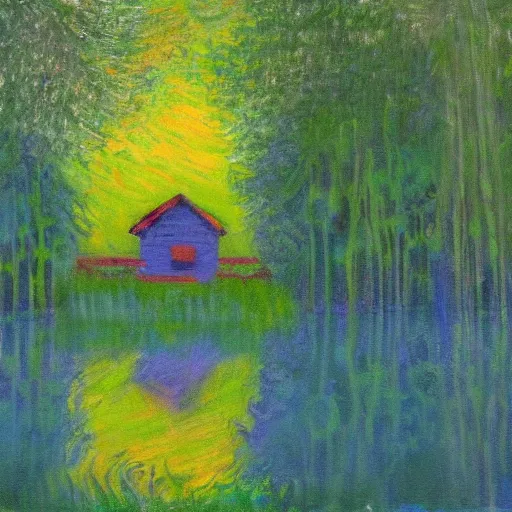 Prompt: a painting of a Eerie cabin in the middle of the woods in the style of Monet