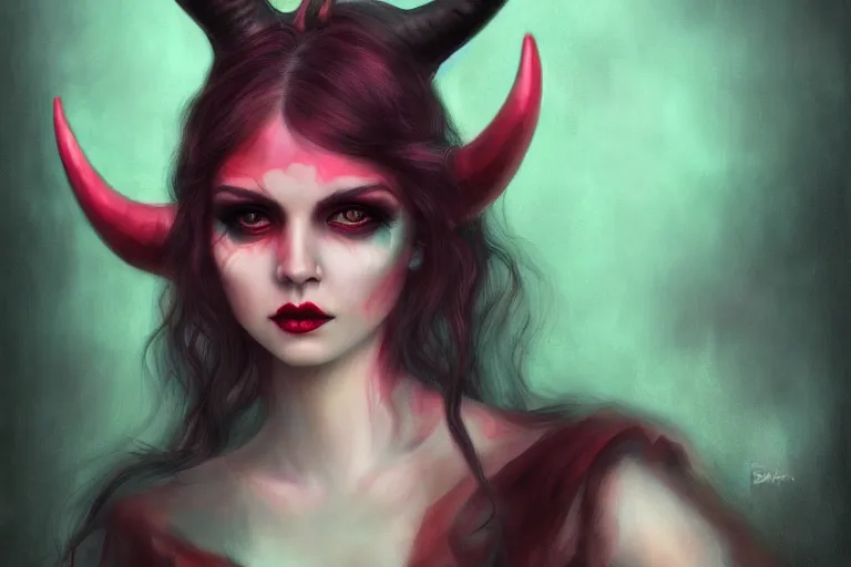 Image similar to pretty demon girl with horns photograph in the style of tom bagshaw, colorful, realistic, 8 k