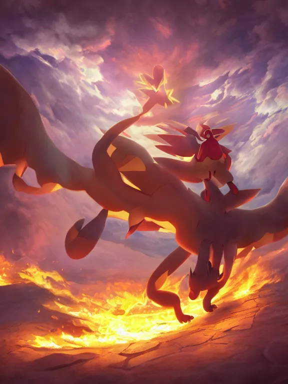 Image similar to a ultradetailed beautiful matte painting of a fire - type pokemon trainer preparing to battle, dynamic lighting, cinematic lighting, etheric, oil panting, high resolution, 4 k, by ken sugirmori and makoto shinkai