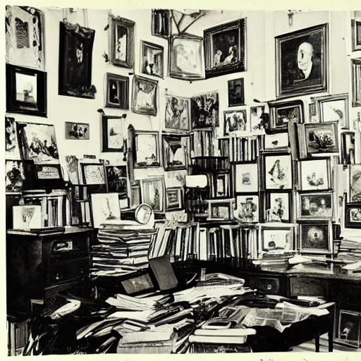 Image similar to old photographs of chaotic interiors full of paintings and books