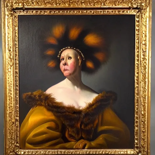 Image similar to disturbing dutch golden age oil painting by christian rex van minnen portrait of an extremely bizarre mutated proteus sundrome woman wearing fancy fur and jewels with intense chiaroscuro lighting perfect composition masterpiece