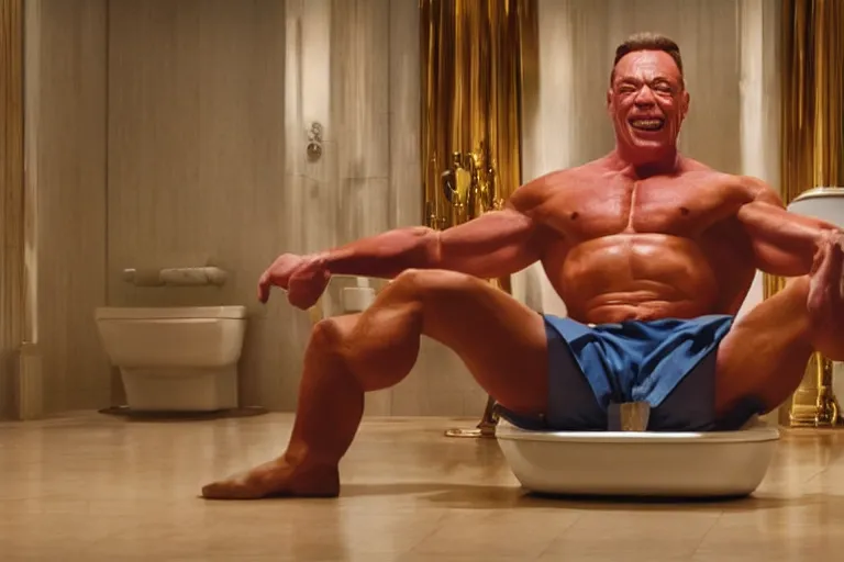 Image similar to hyperrealistic Jean Claude Vandamme doing the splits, spread eagle between two chairs over a toilet, golden hour, smiling, award winning
