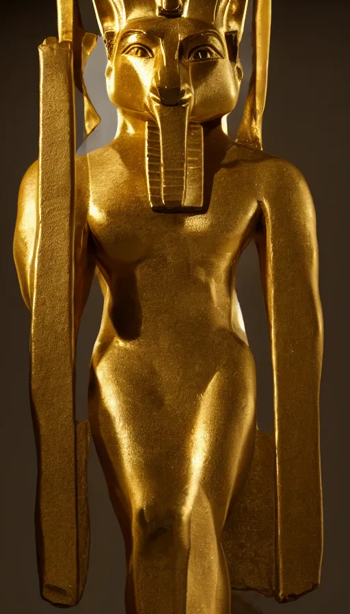 Prompt: a portrait of a statue of the Egyptian god Anubis wearing a gold-rimmed toga. Dark cavern is in the background. Key lighting 8K dslr photograph