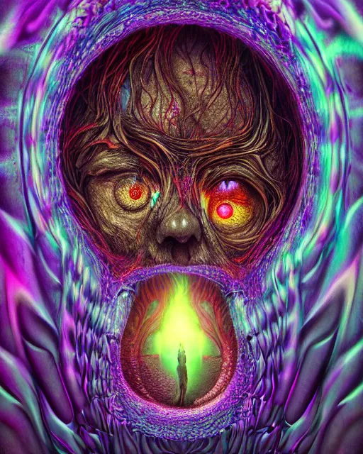 Image similar to realistic portrait of a creature experiment gone wrong, opened portal, psychedelic, dark art, facing camera, photo realistic, detailed, 1 4 5 0, delicate, hyper realism, ultra realistic, 8 k