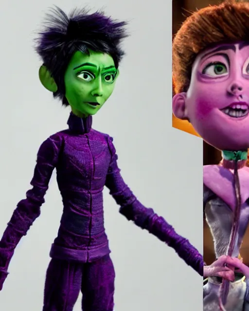 Prompt: actress ruby rose as the purple skinned green lantern soranik natu, as a highly detailed stop motion puppet, in the style of laika studios ’ s paranorman, coraline, kubo and the two strings shot in the style