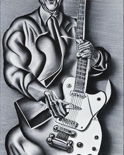 Image similar to barry chuckle ( shredding on a gibson les paul. guitar solo, bold, art by stanisław szukalski, 3 d 8 k )