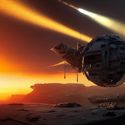 Prompt: extremely detailed spaceship crashing on a planet, stunning volumetric light, sunset, metal, concrete and translucent material, stunning skies, trending on Artstation, 8k, photorealistic, hyper detailed, unreal engine 5, IMAX quality, cinematic, epic lighting, in the style of Greg Rutkowski