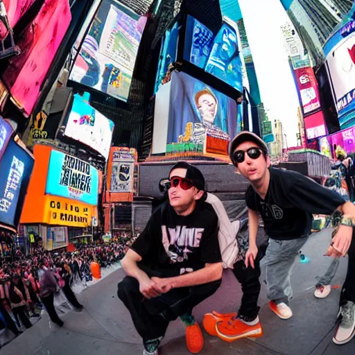 Prompt: award winning color photo, of all 3 Beastie boys, in New York times square, fisheye lens, detailed faces, close up, 8k, balanced composition