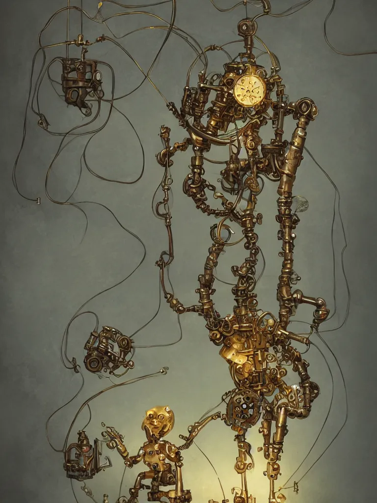 Prompt: mechanical clockwork character made of gold and hanging by wires in a dark room, created by peter mohrbacher, photorealistic, puppet, strings, 8 k