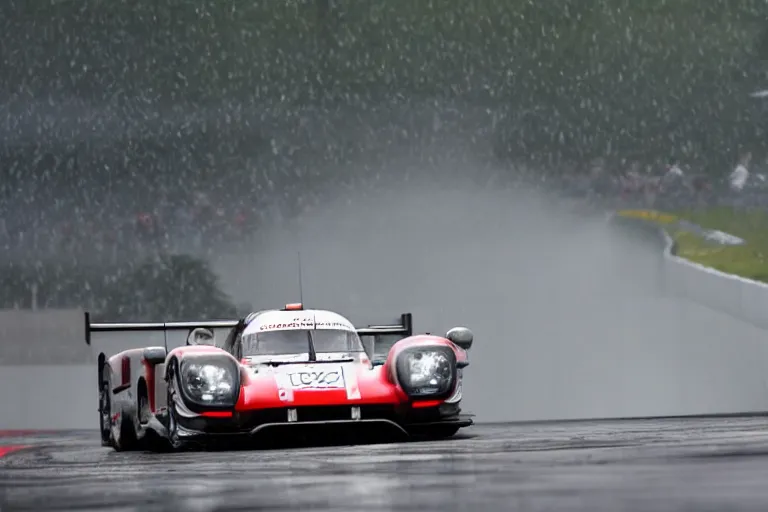 Image similar to beautiful, japanese japanese art art of the porsche 9 1 9 in heavy rain at circuit de spa - francorchamps, 8 k