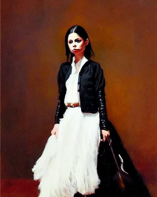 Image similar to style of frederic remington : : gorgeous willa holland : : evil witch, swirling black magic, black dress : : symmetrical face, symmetrical eyes : : full body pose : : gorgeous black hair : : magic lighting, low spacial lighting : :