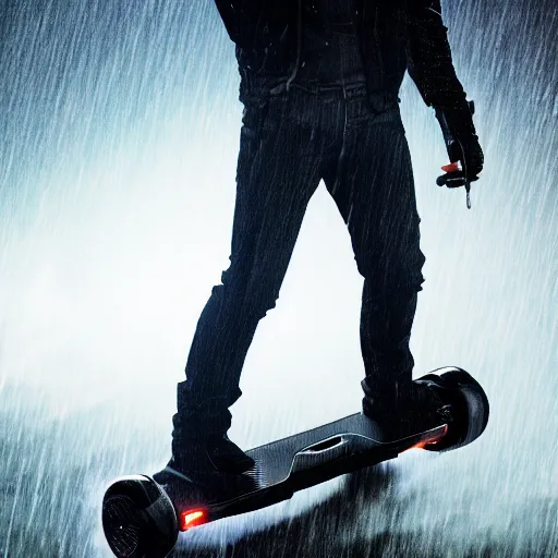 Image similar to Alan wake standing on a hoverboard with a shotgun while rain pours down from above, HDR, 8k, trending on artstation