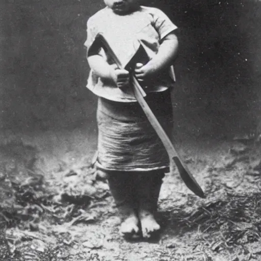 Image similar to a photograph of a baby with a machete taken in 1 8 9 0