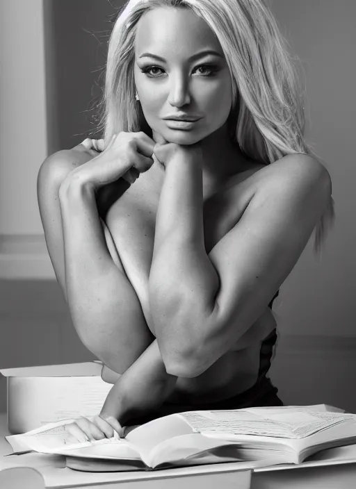 Image similar to portrait of lindsey pelas studying in harvard university, by charlotte grimm, natural light, detailed face, beautiful features, symmetrical, canon eos c 3 0 0, ƒ 1. 8, 3 5 mm, 8 k, medium - format print, half body shot