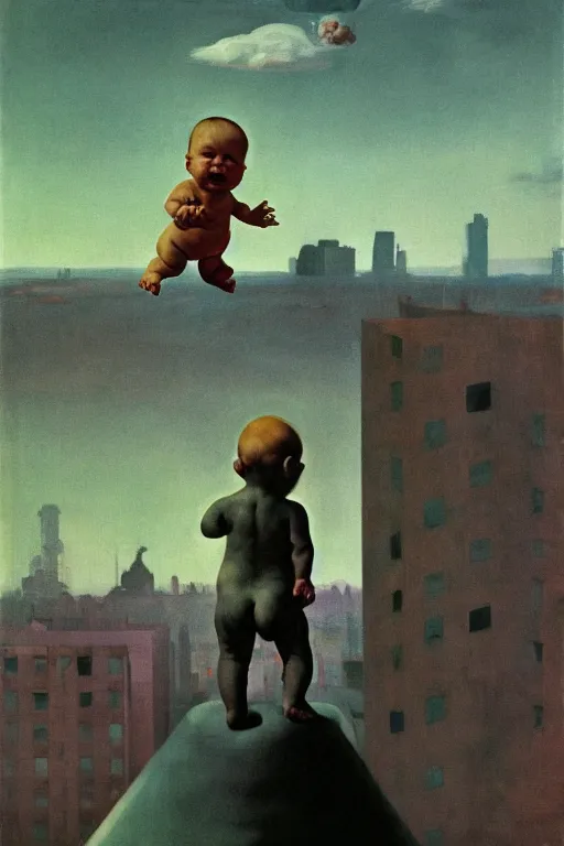 Prompt: evil human giant baby in a diaper, grows up to the sky, against the backdrop of destroyed high - rise building, hauntingly surreal, highly detailed painting by francis bacon, edward hopper, adrian ghenie, gerhard richter, and james jean soft light 4 k,