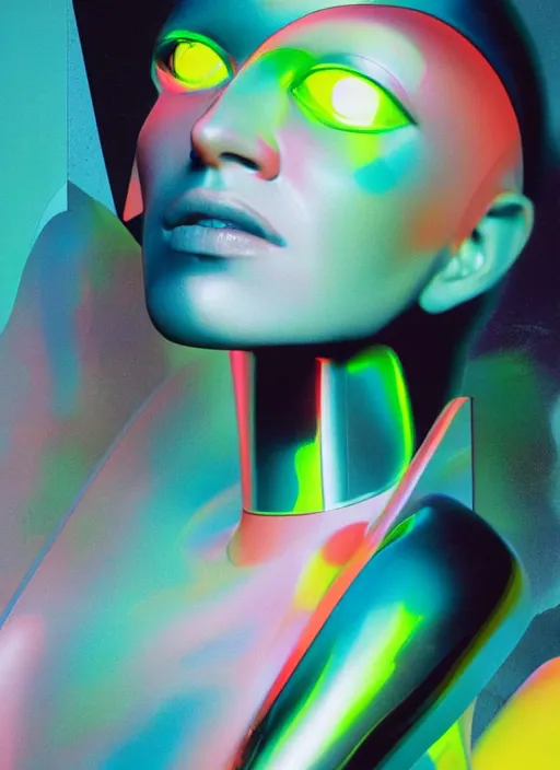 Prompt: futuristic lasers tracing, colorsmoke, fullbodysuit, pyramid hoodvisor, raindrops, wet, oiled, beautiful cyborg girl, by steven meisel, kaws, rolf armstrong, mondrian, hannah af klint perfect geometry abstract acrylic, octane hyperrealism photorealistic airbrush collage painting, monochrome, fluorescent colors, minimalist rule of thirds, eighties eros
