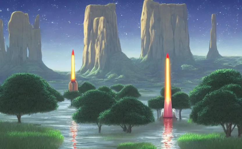 Prompt: a realistic cell - shaded studio ghibli concept art from paprika ( 2 0 0 6 ) of a flying multi - colored rocketship from close encounters of the third kind ( 1 9 7 7 ) in a flooded monument valley stonehenge jungle with giant trees on a misty starry night. a pack of camel are in the foreground. very dull colors, portal, hd, 4 k, hq