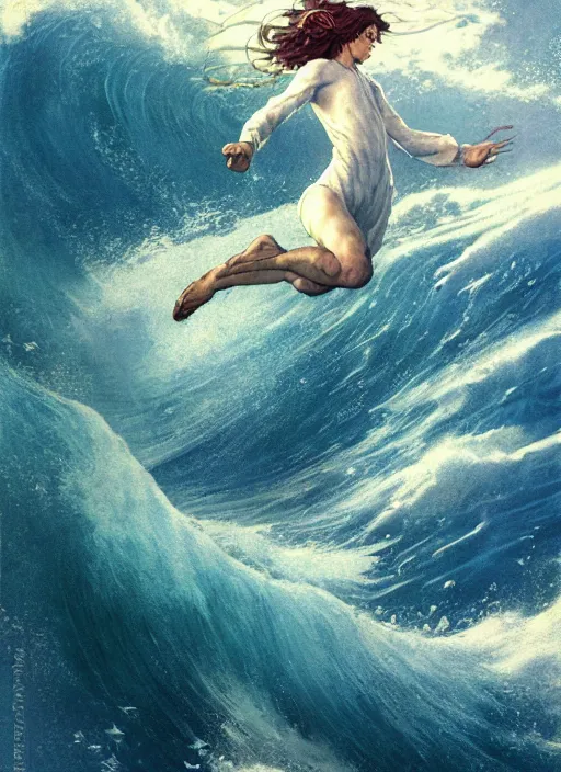 Image similar to pegasus running through ocean wave, exquisite details, denoised, mid view, byi by alan lee, norman rockwell, makoto shinkai, kim jung giu, poster art, game art