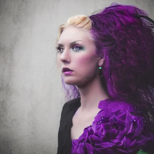 Image similar to a high quality photo of a beautiful woman moody and melanchony with accents of purple and green.
