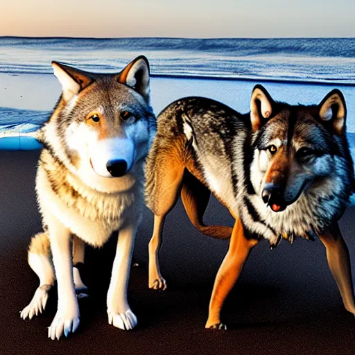 Prompt: professional photo of a shark body and canine wolf head half wolf half shark strange chimera discovered on the beach