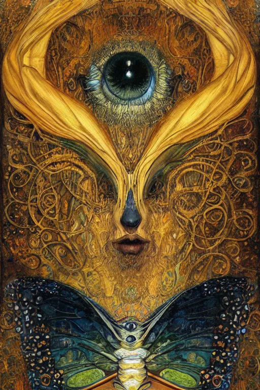 Image similar to Metamorphosis by Karol Bak, Jean Deville, Gustav Klimt, and Vincent Van Gogh, transformational chimera portrait, visionary, cicada wings, transformation, chimera, metamorphosis, otherworldly, fractal structures, ornate gilded medieval icon, third eye, spirals, horizontal symmetry